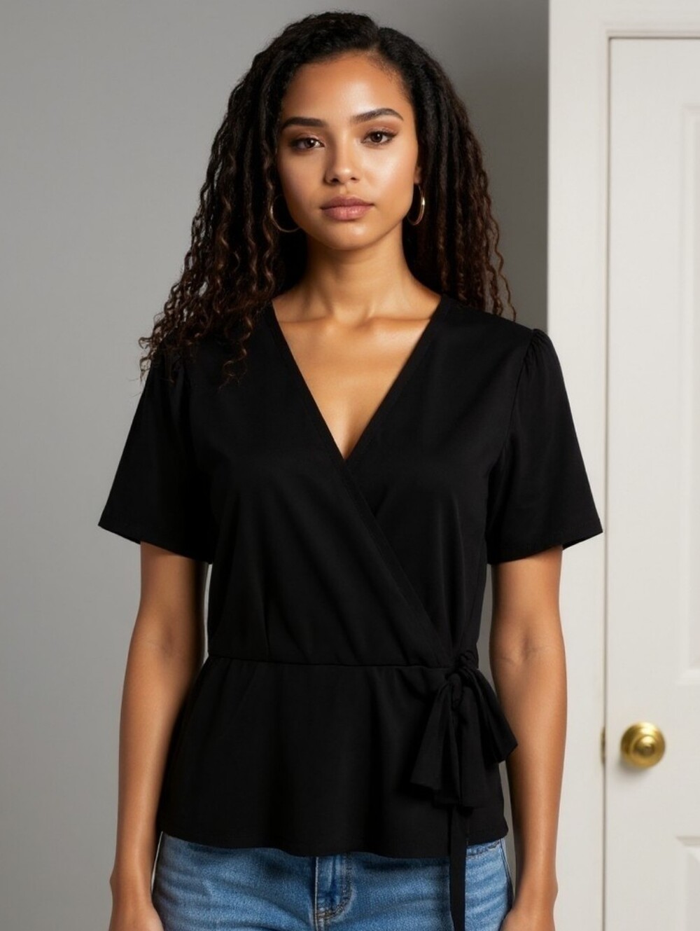 YMI Black Short Sleeve Wrap Blouse